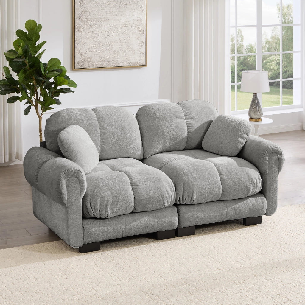 Divano modulare in ciniglia grigio chiaro con cuscini trapuntati e schienale curvo 190 × 86 × 90 cm
