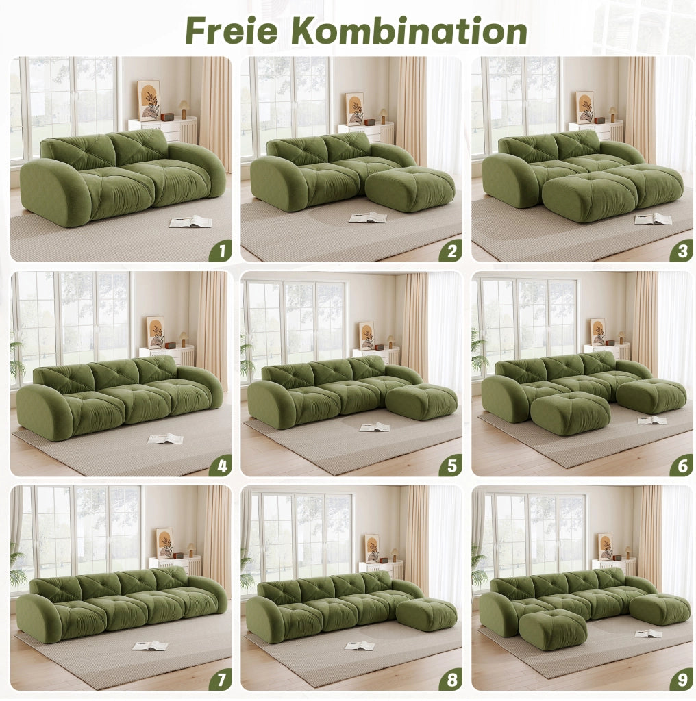 Divano modulare senza struttura in chenille verde con schiuma 32D ad alta densità
