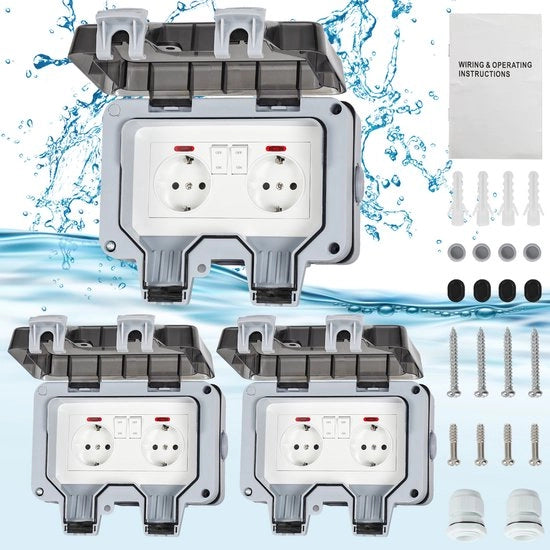 3 x Contatto esterno a doppia presa - Contatto esterno IP66 - Contatto esterno impermeabile - Contatto esterno per esterni - Contenitore di presa a muro - Incluso cavo e connettori - e impermeabile alla polvere
