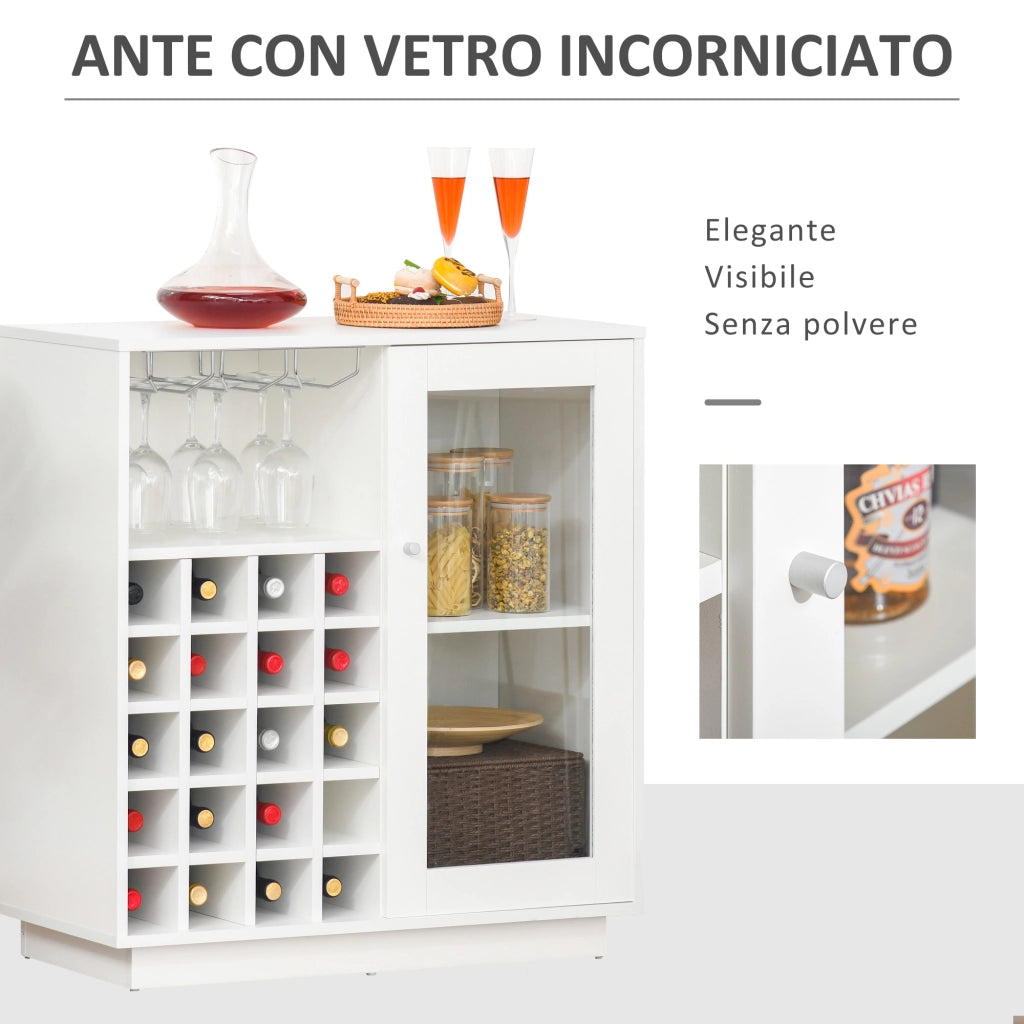 Mobiletto Portabottiglie per Vino con Porta Calici e Armadietto, Cantinetta 20 Bottiglie Bianco, Robusto per Casa, 80x36x85 cm