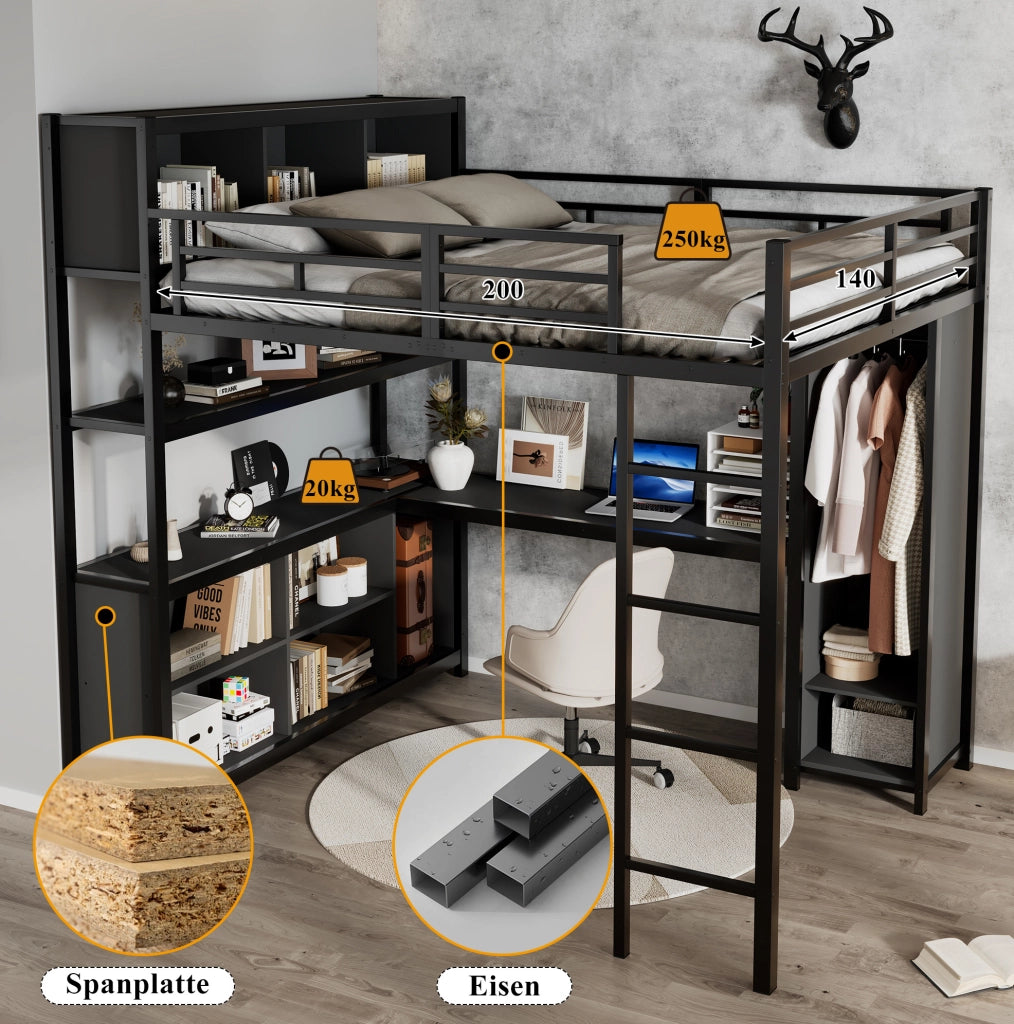 Letto a soppalco 140x200 cm con scrivania; armadio e vani contenitore in metallo e truciolare nero