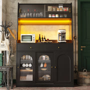 Credenza alta da cucina e sala da pranzo nera con ante a vetrina, 2 cassetti, ripiani regolabili e illuminazione LED a colori variabili