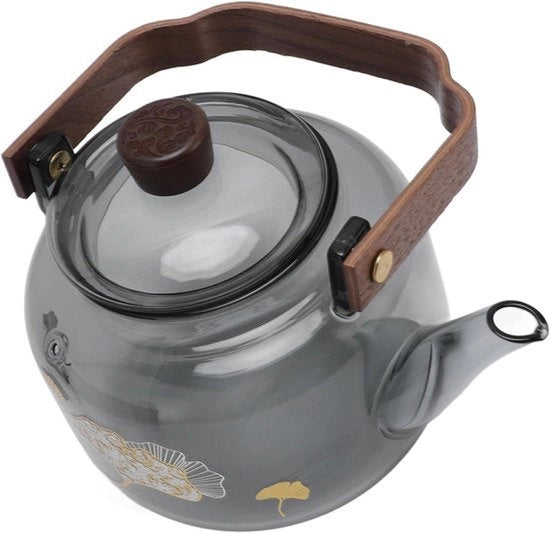 Teapot in Vetro con Infusori Rimovibili - Bollitore per Tè in Polvere - 900 Ml - Sicuro per Cottura a Fuoco - Maniglia in Legno - Coperchio Translucido - Adatto per Camping e Viaggi - Elettrico - Alto Borosilicato