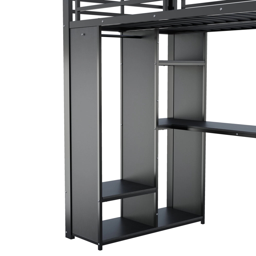 Letto a soppalco 90x200 cm nero con scrivania, LED e armadio aperto