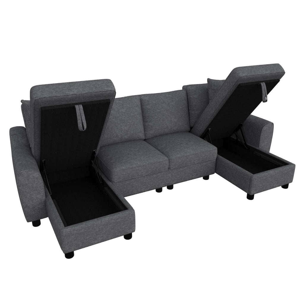 Divano modulare a U con chaise longue contenitore e cuscini in chenille grigio