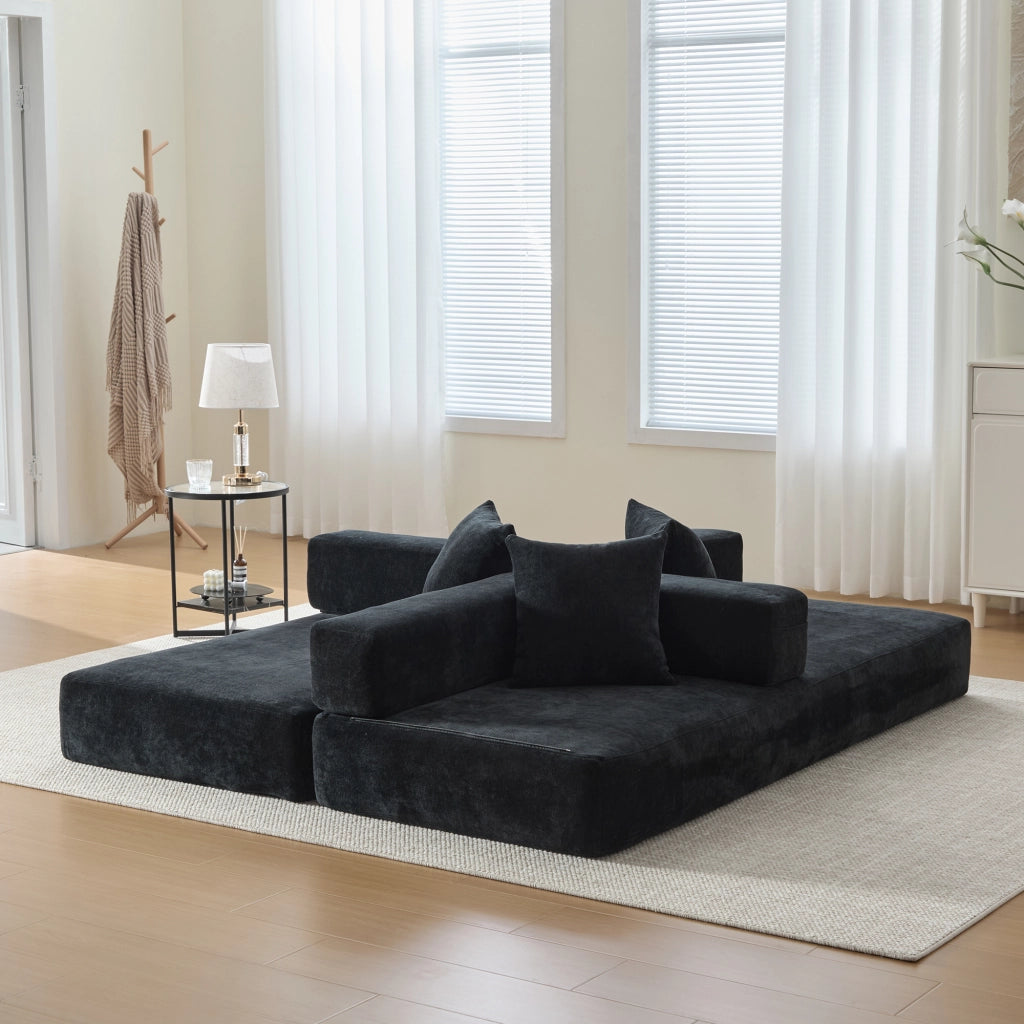 Divano modulare in ciniglia nero 198x79x60 cm con tasche laterali e base antiscivolo