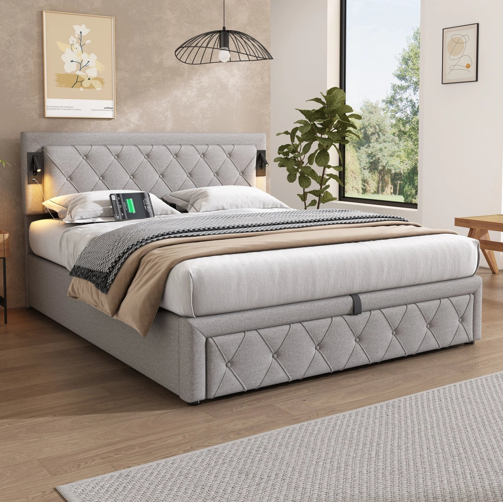 Letto imbottito con contenitore, LED e USB, grigio