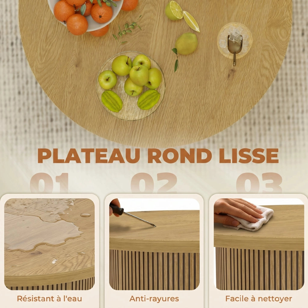 Tavolino da salotto rotondo effetto legno naturale con base scanalata, tavolo basso moderno e robusto per soggiorno