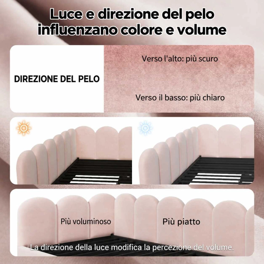 Letto singolo 90x200 cm con letto estraibile 90x190 cm; velluto rosa