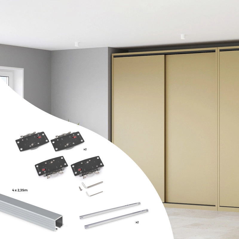 Kit di ferramenta per armadio 2 con porte scorrevoli e chiusura soft Flow2 con binari incassati 2,35 m, pannelli non i..