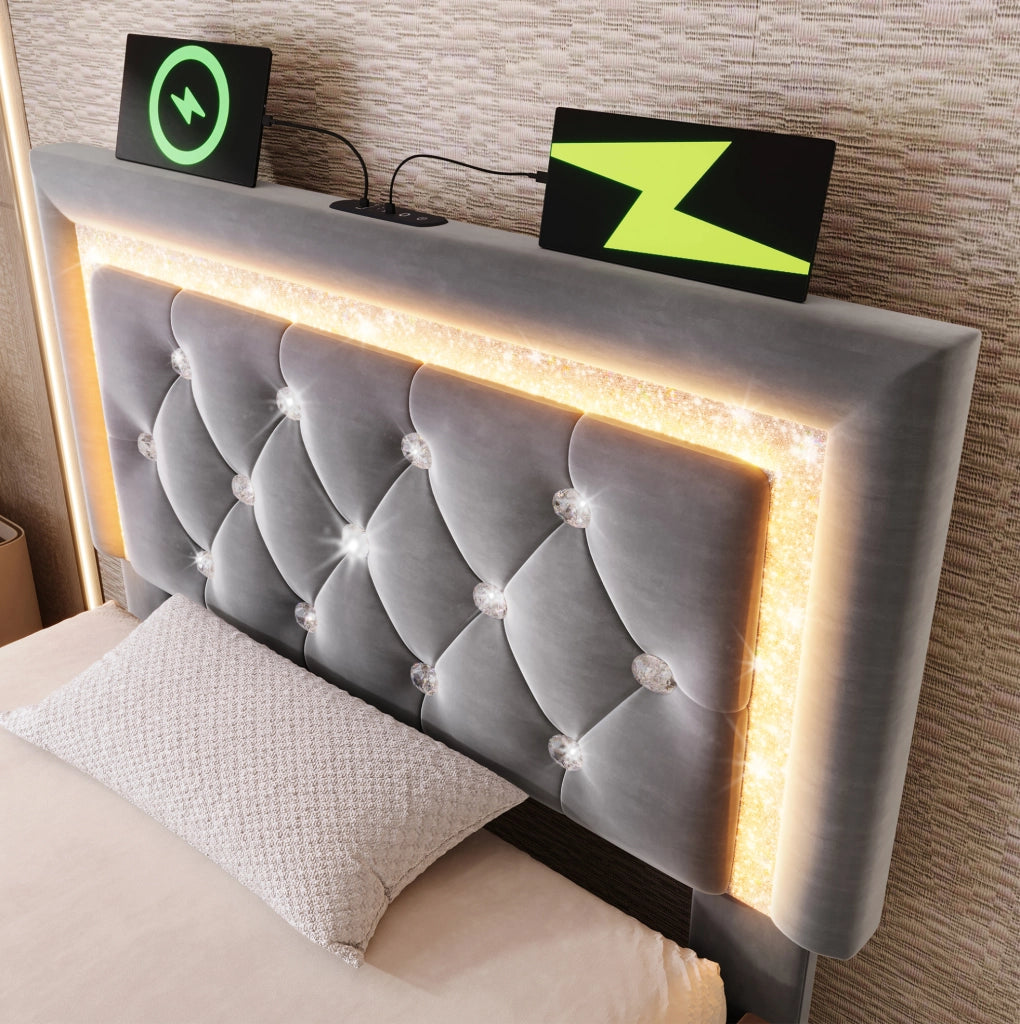 Letto imbottito in velluto 90x200 cm con LED, USB e contenitore