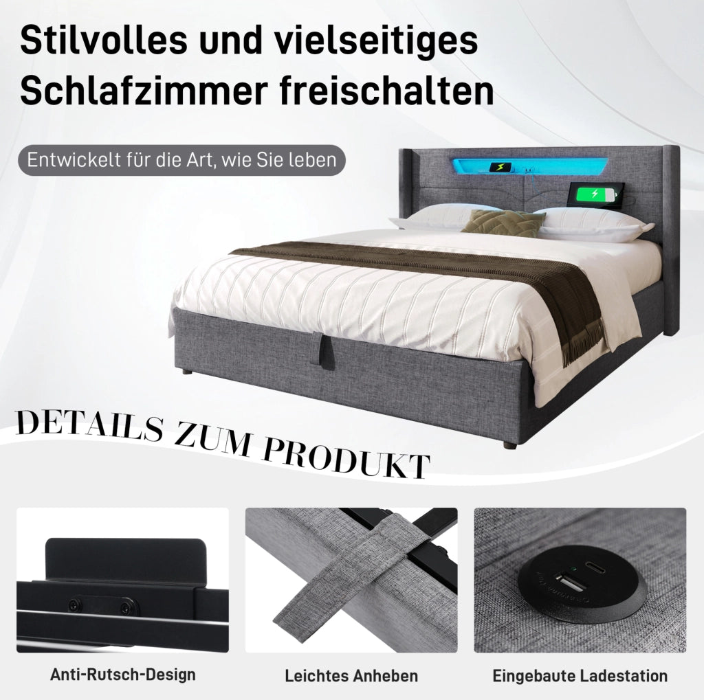 Letto imbottito con contenitore LED, ricarica USB e Tipo C 140 x 200 cm
