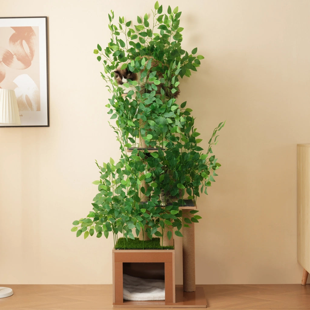 Albero tiragraffi per gatti alto 190 cm con 4 piattaforme; cuccia e foglie removibili; verde