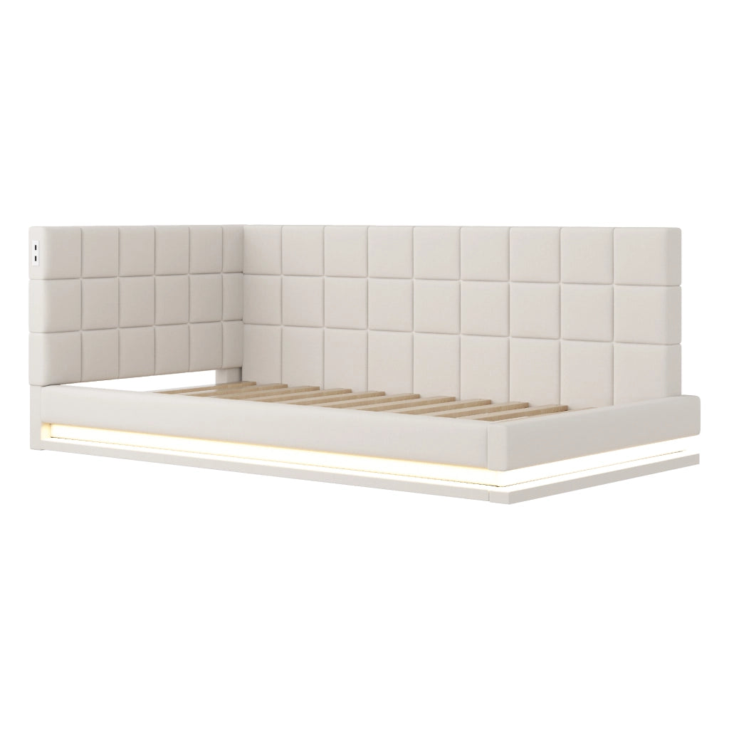OKWISH Letto divano 90×200 cm, Letto Singolo con LED Multicolore, USB e Doghe, senza Materasso, in Tessuto Lino, Beige