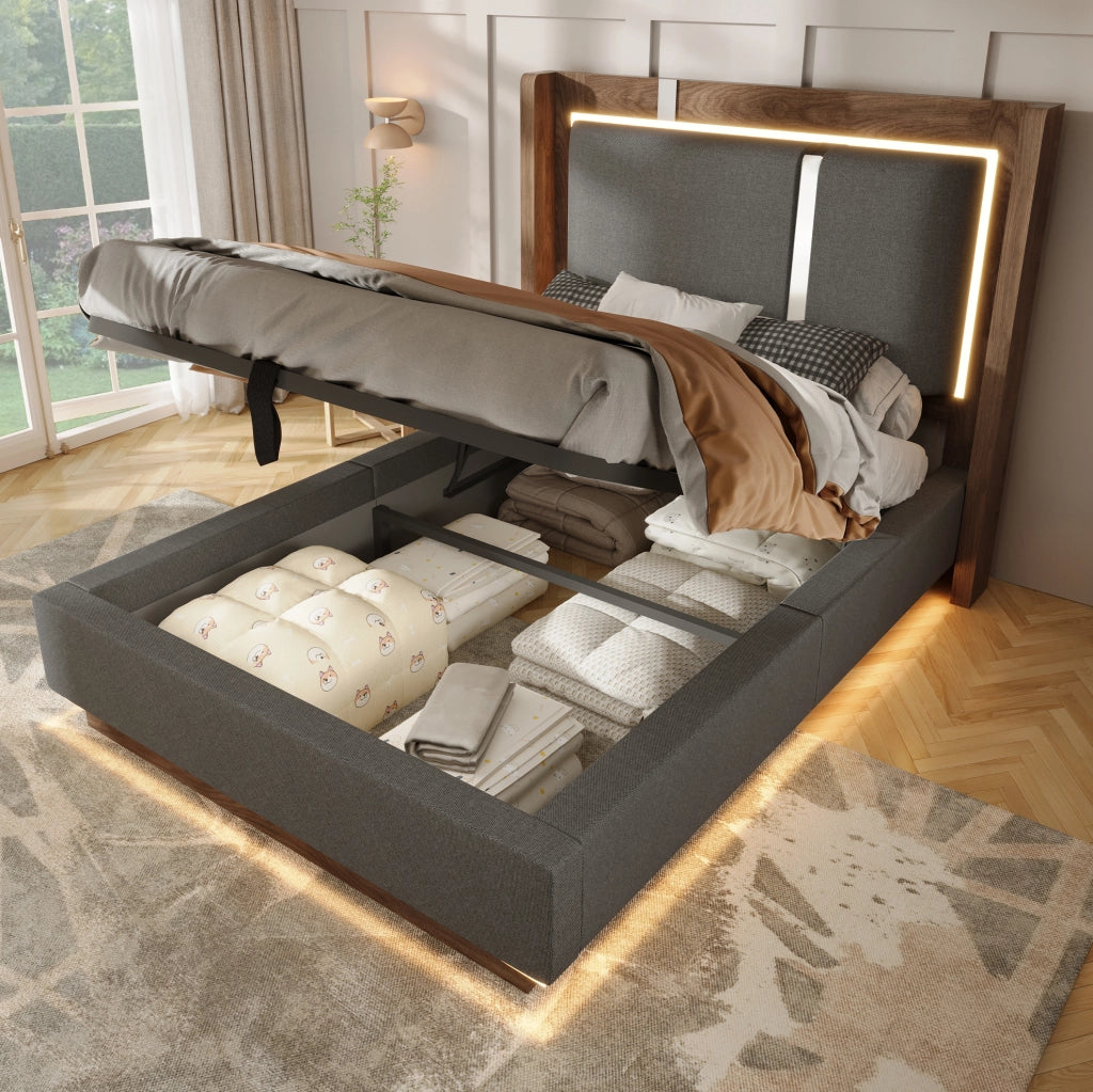 Letto singolo 90x200 cm con testiera imbottita in lino grigio, contenitore con sistema idraulico, LED integrati e rete a doghe in legno e metallo