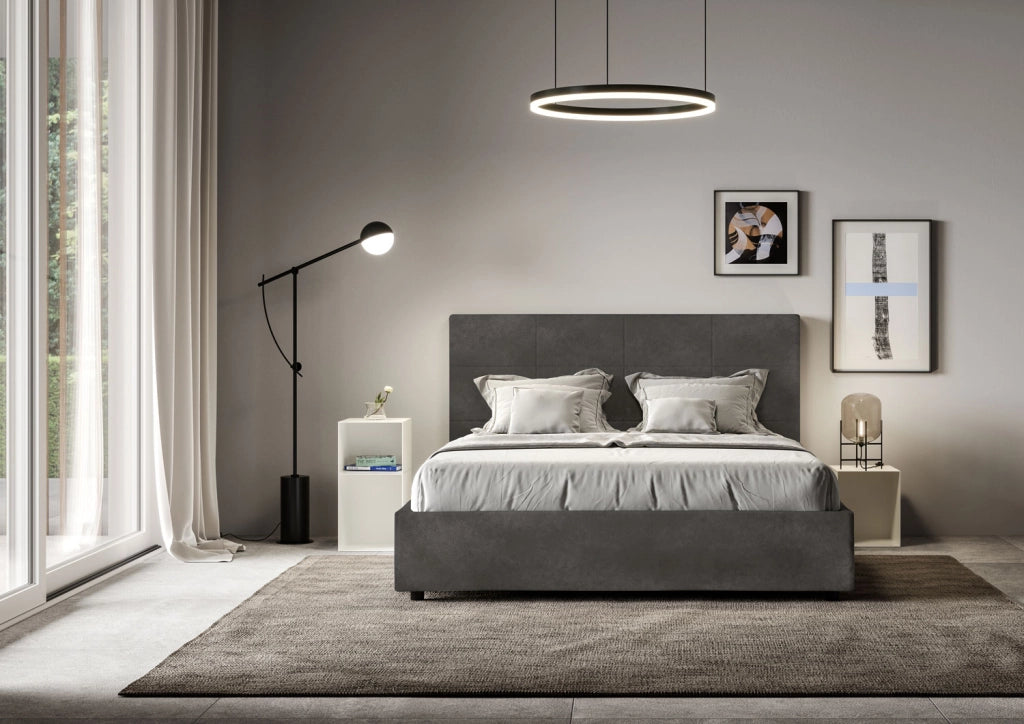 BS COM Letto una piazza e mezza senza rete imbottito 130x210 microfibra grigio