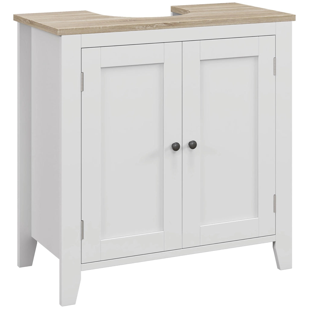 Mobile Sottolavabo Bagno con Intaglio a U Salvaspazio, Mobiletto in MDF con Ripiano Regolabile, 60x30x60 cm, Bianco e Legno