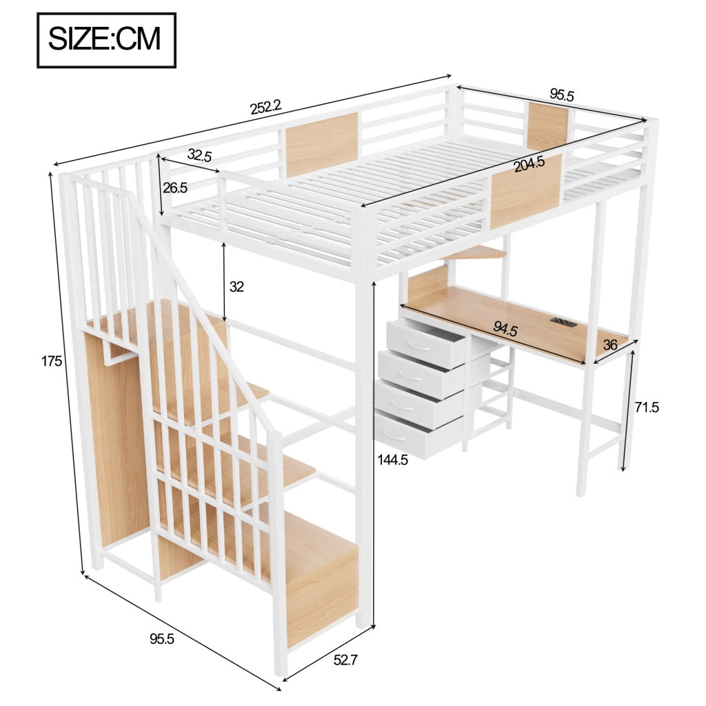 Letto a soppalco per bambini 90x200 cm con scrivania; LED e presa; ripiani e barra appendiabiti; metallo bianco