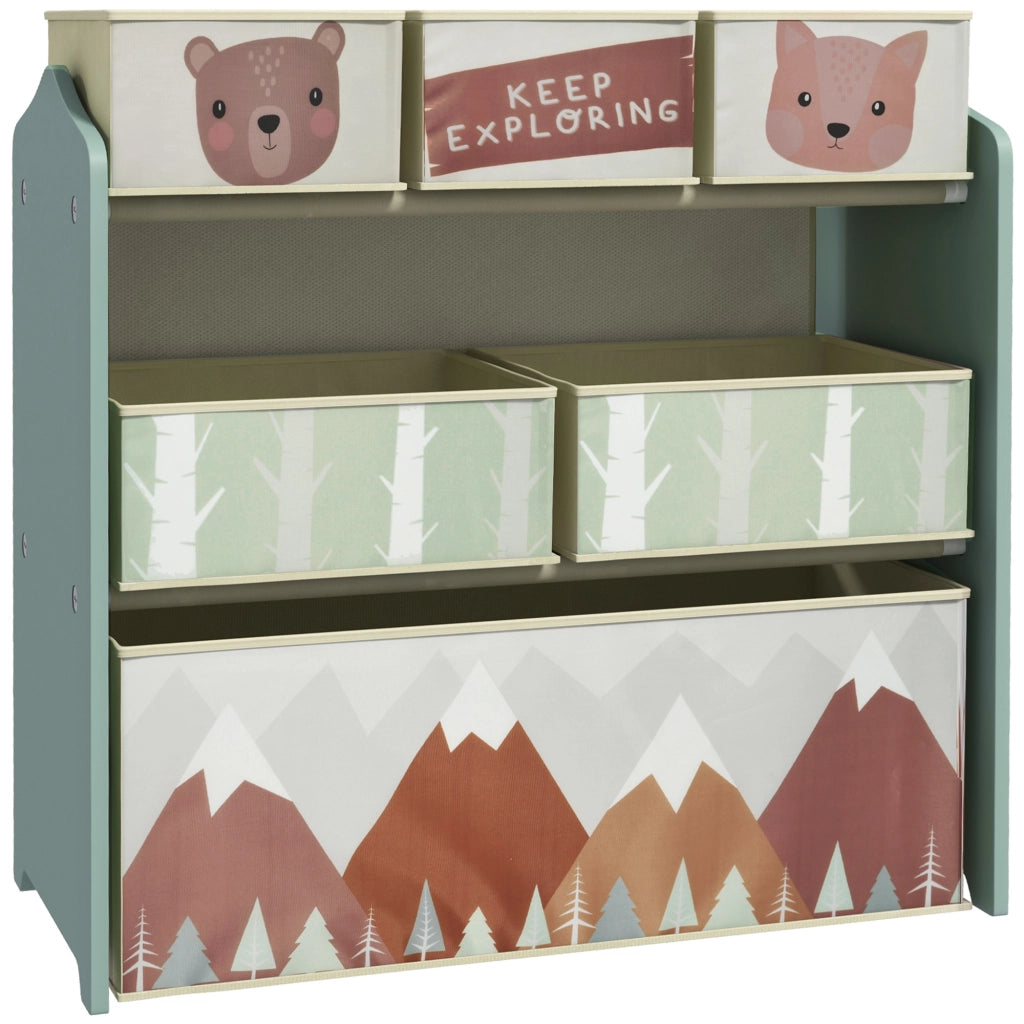 Scaffale Portagiochi per Bambini con 6 Contenitori Rimovibili in Tessuto, 63x30x66 cm, Verde