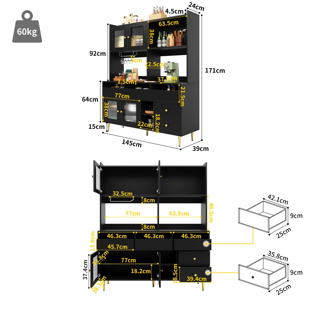 Credenza con ante in vetro scanalato portabottiglie ripiani aperti cassetti MDF nero 145 × 39 × 171 cm