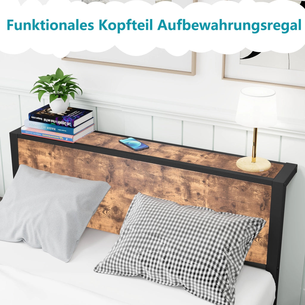 Letto singolo 120 × 200 cm con testiera contenitore e pediera in MDF e metallo marrone antico