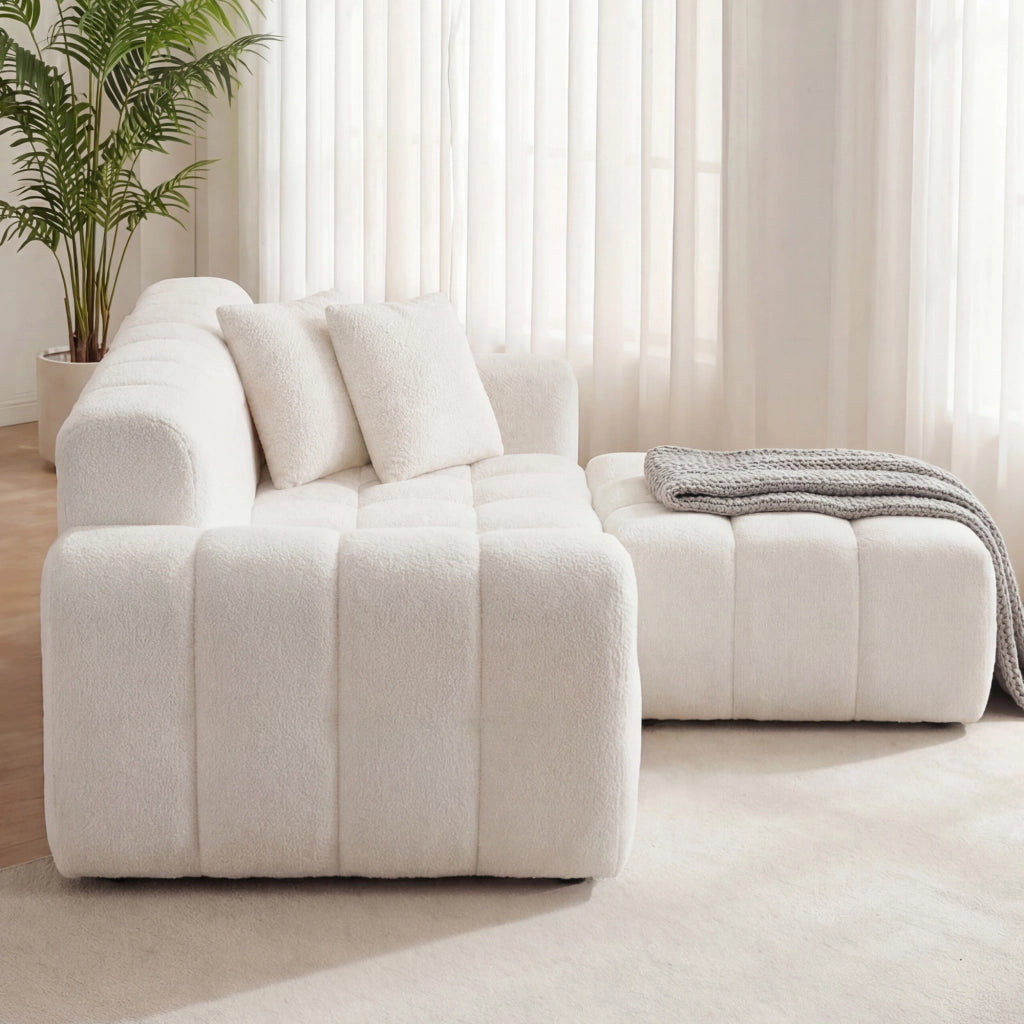 Divano angolare modulare a L; chaise longue; seduta confortevole; ciniglia bianca testurizzata; per soggiorno o studio; 249;94x99;06x59;94 cm