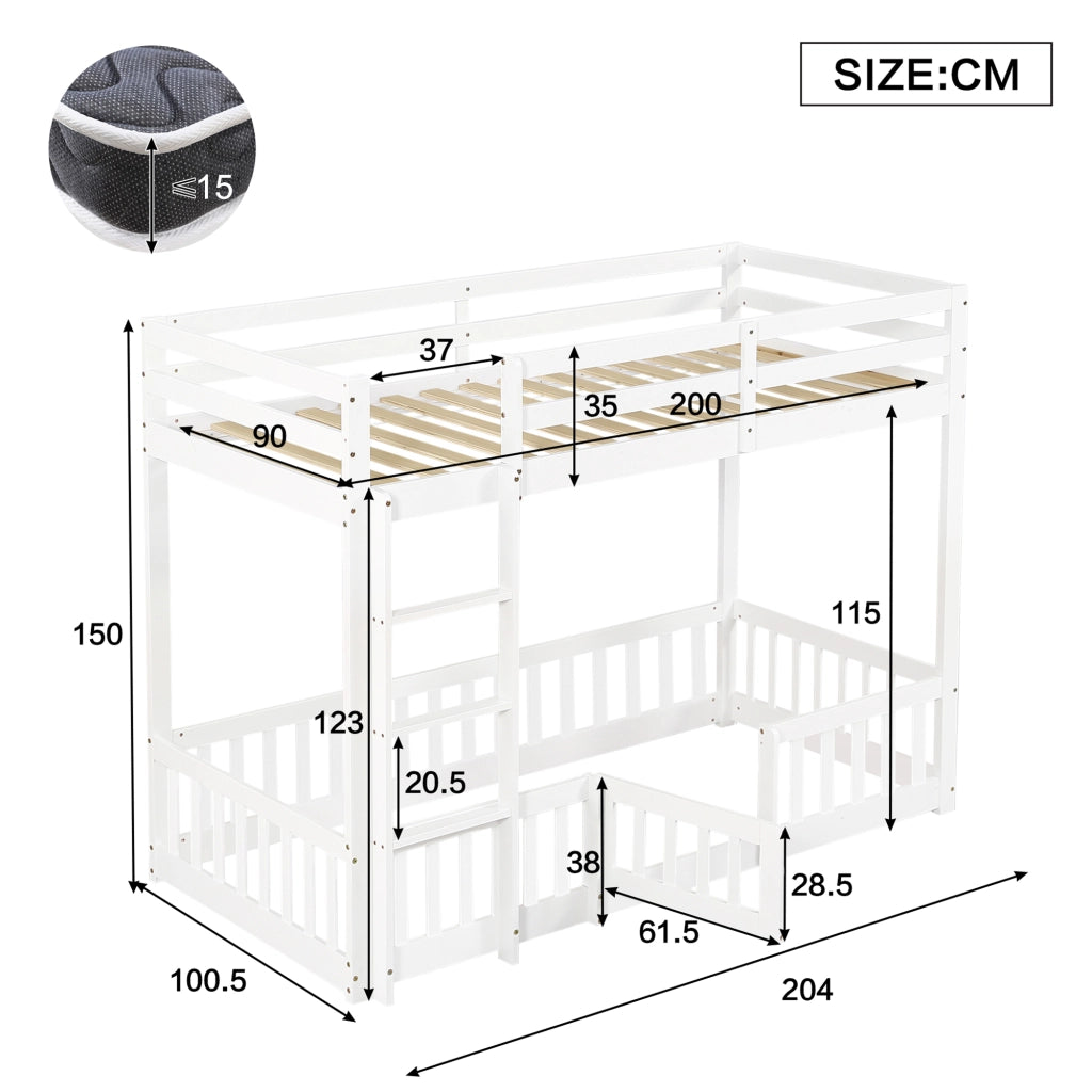 Letto a soppalco 90 × 200 cm con scala ad angolo; barriera e porta in legno bianco spazio libero sottostante