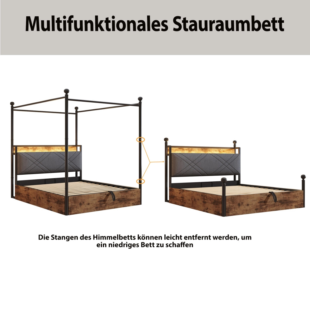 Letto matrimoniale 140 × 190 cm 2 posti; contenitore idraulico; LED regolabile e USB Type-C; senza materasso; nero