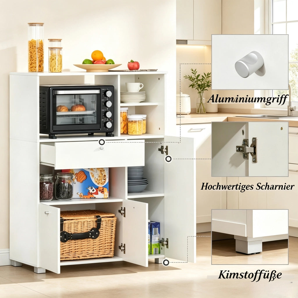 Cassone da cucina con vano per microonde; 3 ante; cassetto e 4 nicchie in truciolare bianco 90 × 40 × 120 cm