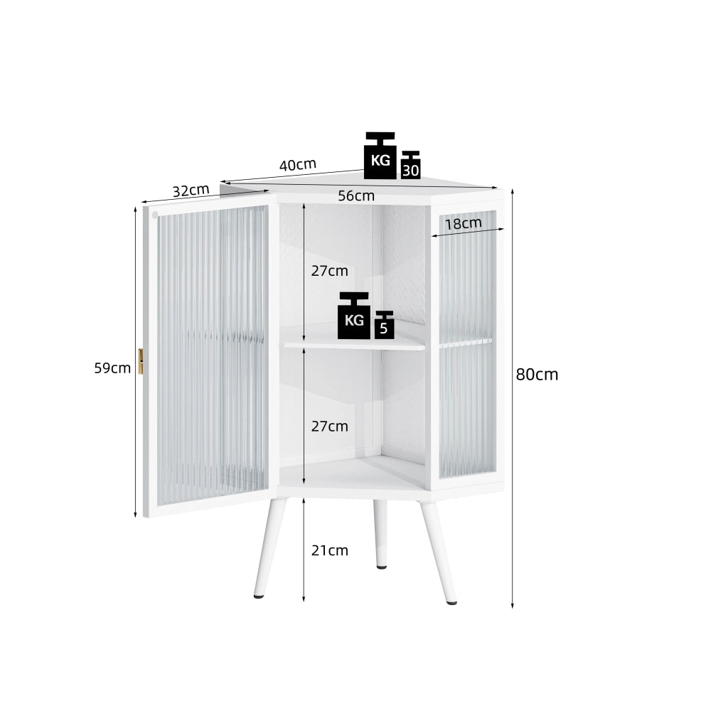 Armadio angolare da terra 80 cm, bianco, 2 livelli con ante in vetro temperato e ripiani, per bagno, soggiorno e camera