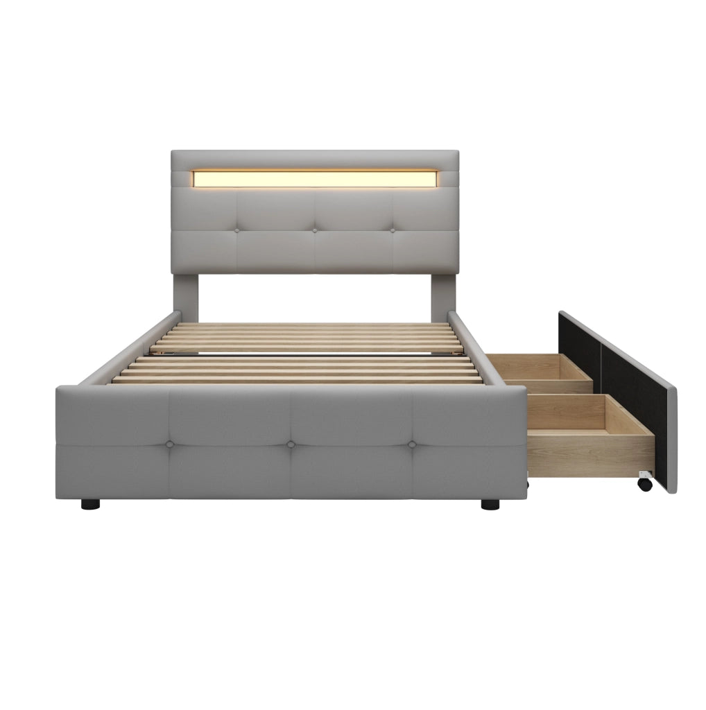 Letto imbottito 90x200 cm con LED e 2 cassetti; grigio