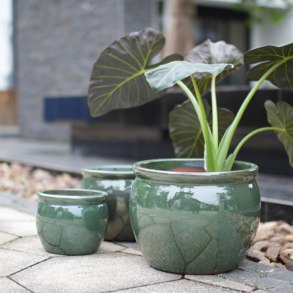 Set di 3 Vasi in Ceramica Artigianale Smaltati Blu-Verde Antico Ø 37/30/23 cm per Giardino e Balcone