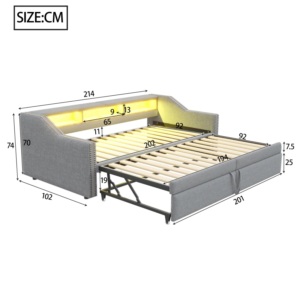 Divano letto estraibile 90/180x200 cm grigio chiaro con LED e USB