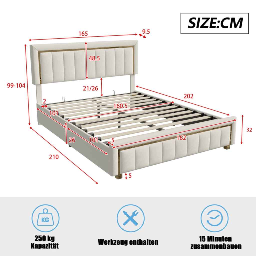 Letto Matrimoniale Imbottito 160x200 cm; Letto Contenitore Idraulico; Struttura Letto con Testiera in Velluto; Beige; Senza Materasso