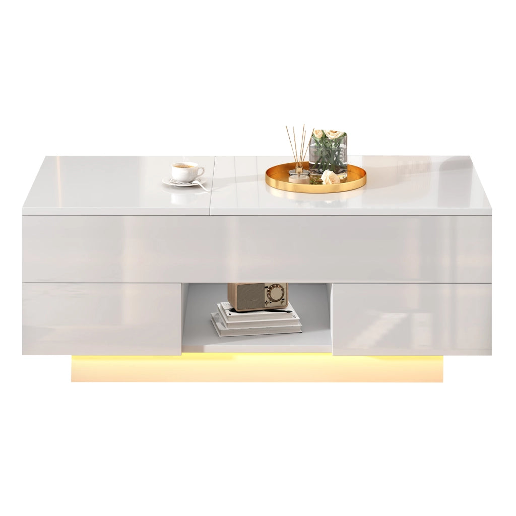Tavolino da caffè 100x45x43 cm con piano sollevabile e LED in pannello truciolare bianco