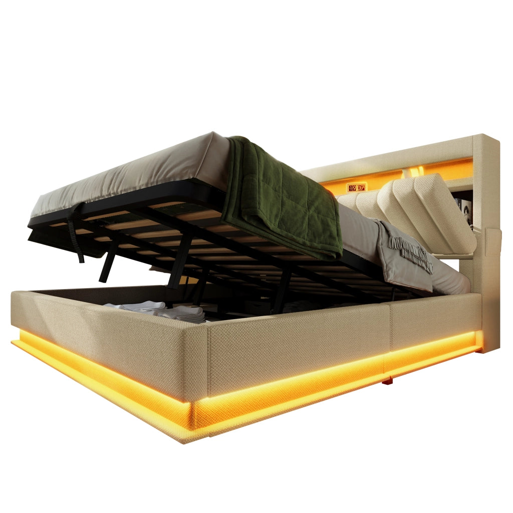 Letto matrimoniale 180×200 cm 2 posti con contenitore, LED, 3 USB e porta tipo C, senza materasso, lino beige