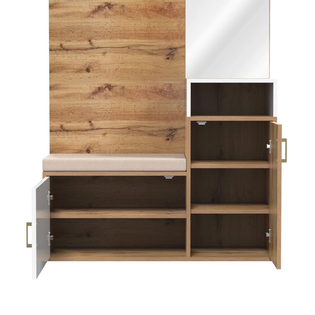 Mobile da ingresso con specchio, panca, 2 vani per scarpe, 4 ganci e barra, bianco e legno, 105 × 40 × 190,5 cm