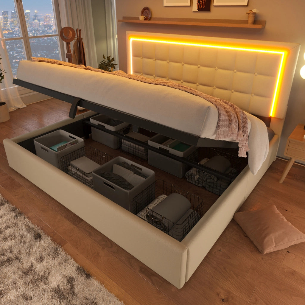 Letto Matrimoniale 180x200 con Contenitore e LED; in Ecopelle PU; Bianco