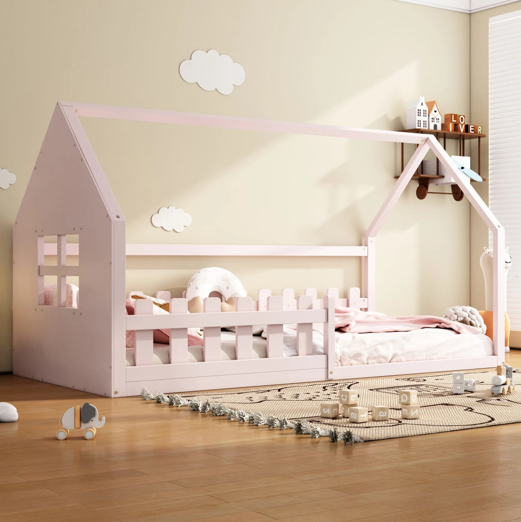 Letto per bambini 90x200 cm in pino e MDF, design a casetta, colore rosa