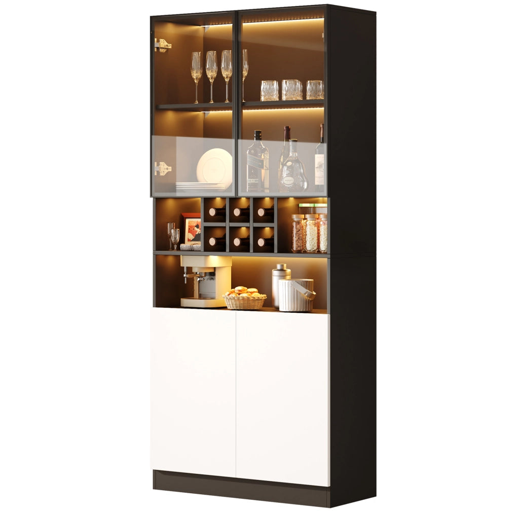 Vetrina alta 80x30x180 cm con LED multicolore; portabottiglie e 2 ante; nera