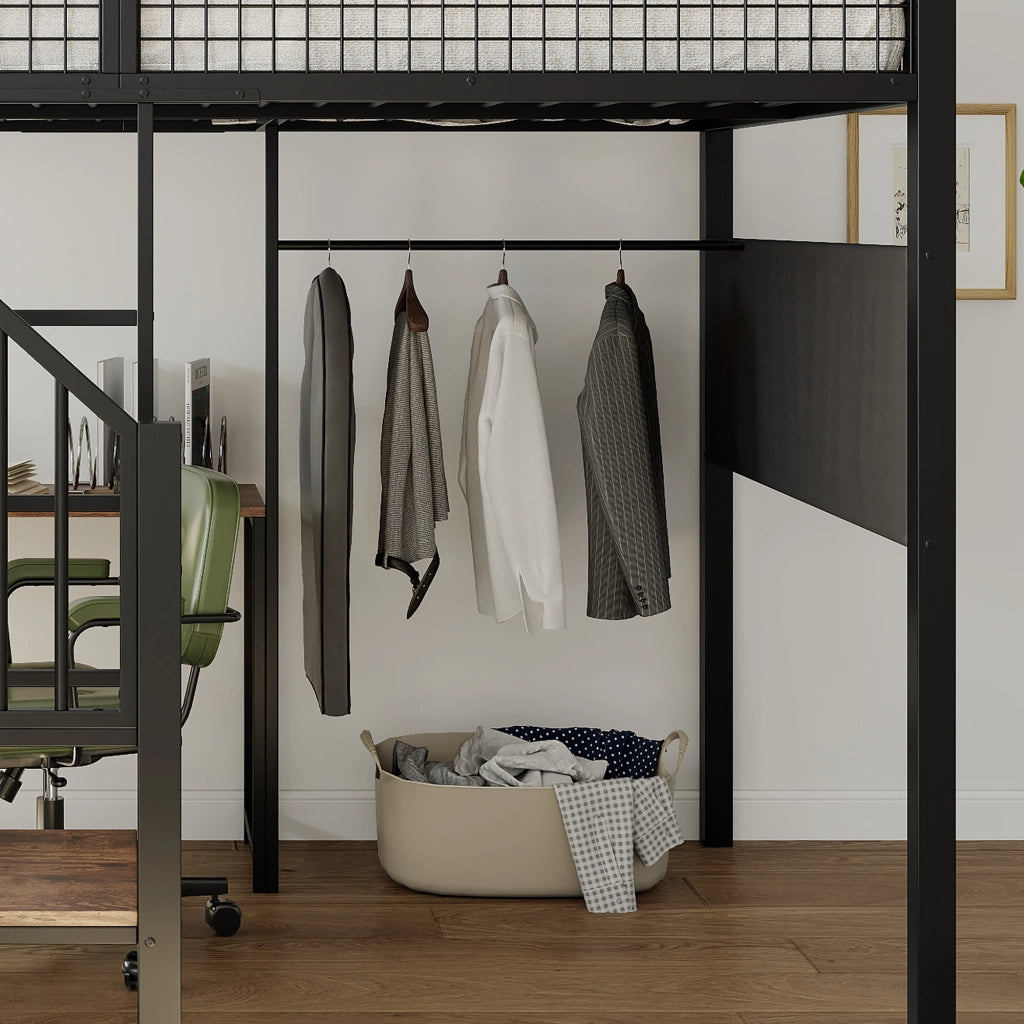 Letto a soppalco 140 x 200 cm in metallo nero con scrivania a L e scala a gradini per cameretta