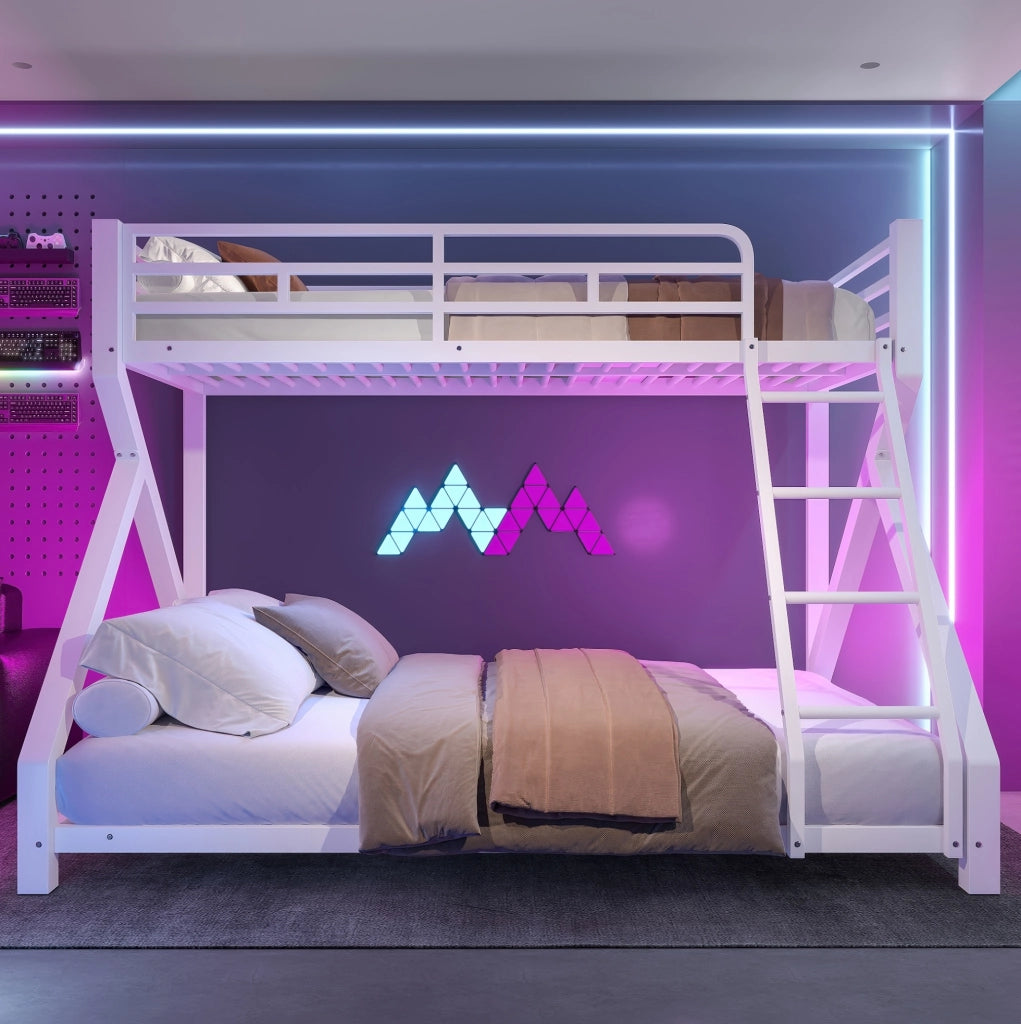 Letto a Castello in Ferro 90x200 cm e 140x200 cm con Striscia LED, Corrimano di Sicurezza e Scala, Bianco, Senza Materasso
