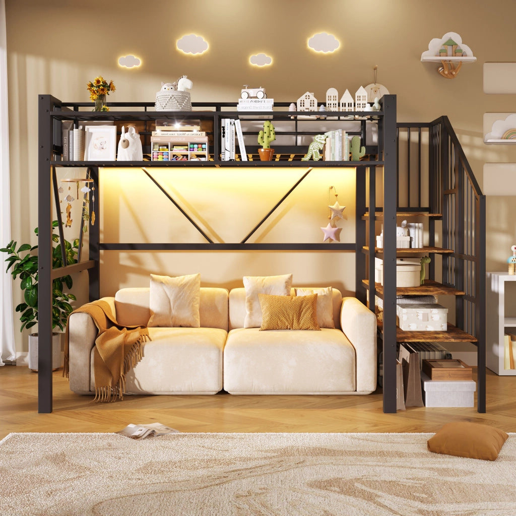 Letto a soppalco 90x200 cm in metallo e MDF, con ripiani a gradini, vano aperto, LED, nero