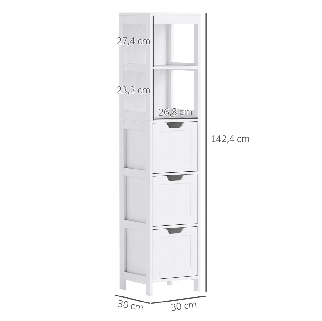 Mobiletto da bagno alto bianco con 3 cassetti e 2 ripiani aperti, 30x30x142,4 cm