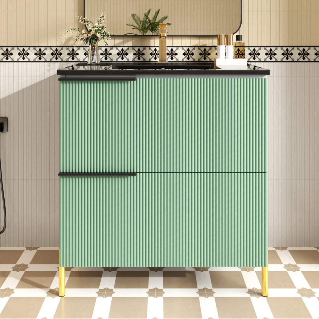 Mobile lavabo da bagno con lavabo in ceramica e cassetti in MDF verde