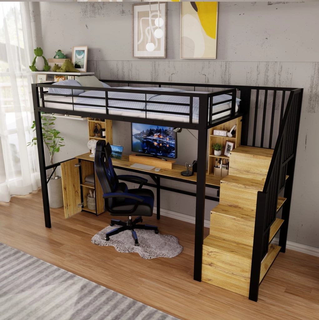Letto alto 90 x 200 cm in metallo e MDF con scrivania; armadio; scala contenitore e porta USB; nero