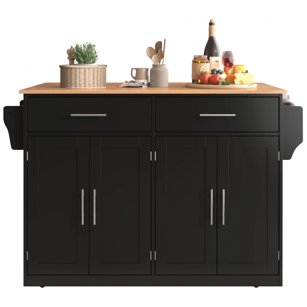 Carrello Isola Cucina 120x71x91;5 cm con Piano Pieghevole; Ruote; Porta-Asciugamani; Black+Natural