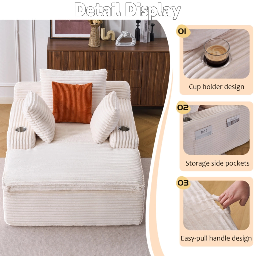 Divano Convertibile Senza Struttura con Chaise Longue, 3 Cuscini e Portabicchieri in Velluto a Coste Beige