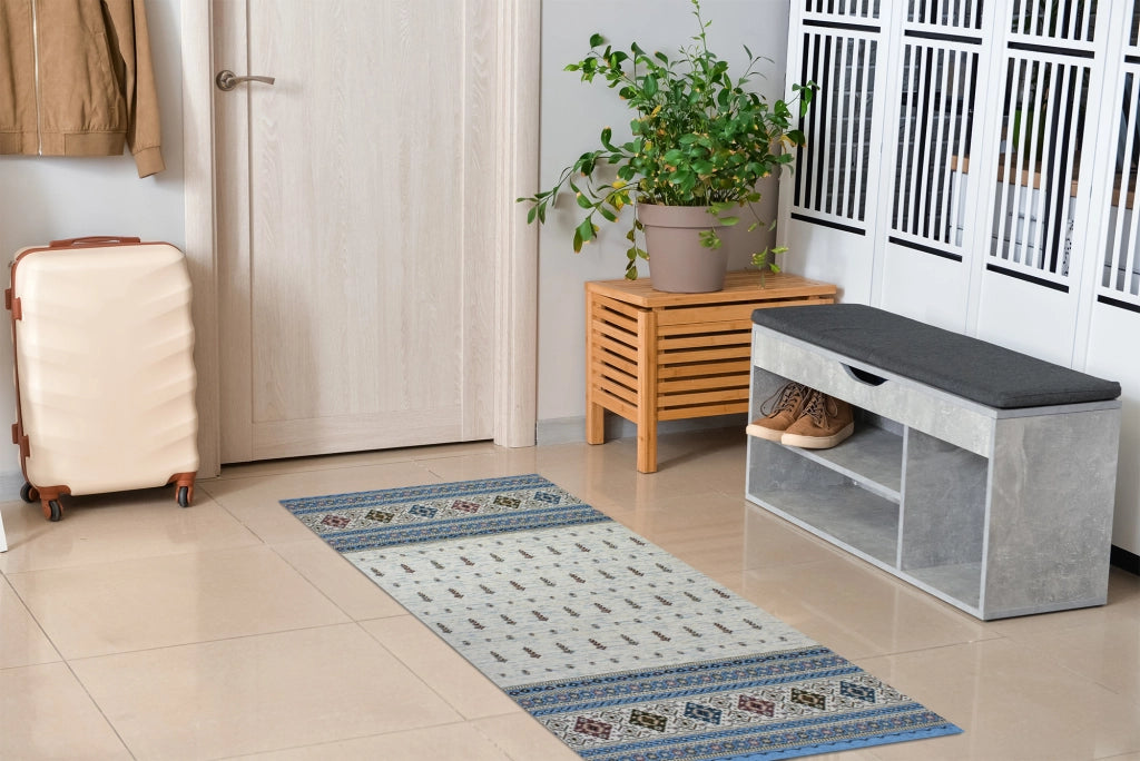 Tappeto Arredo Moderno Morbido in Ciniglia Ingresso Antiscivolo Prodotto Italiano  Soggiorno Camera Salotto Disegni Piazzati Cotone Varie Misure Grande Loom/Azzurro - 140x200 cm