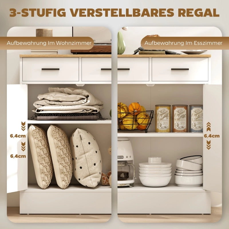 Credenza e madia con 2 cassetti e ripiano regolabile, per cucina e soggiorno, legno bianco, 68,6 × 35 × 90,3 cm